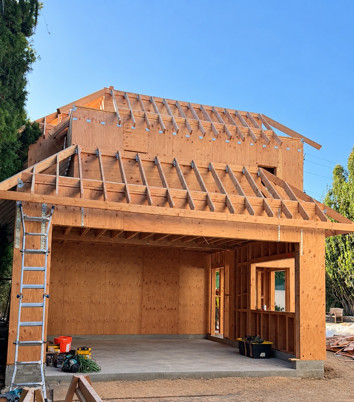 Residential wood framing with roof rafters
