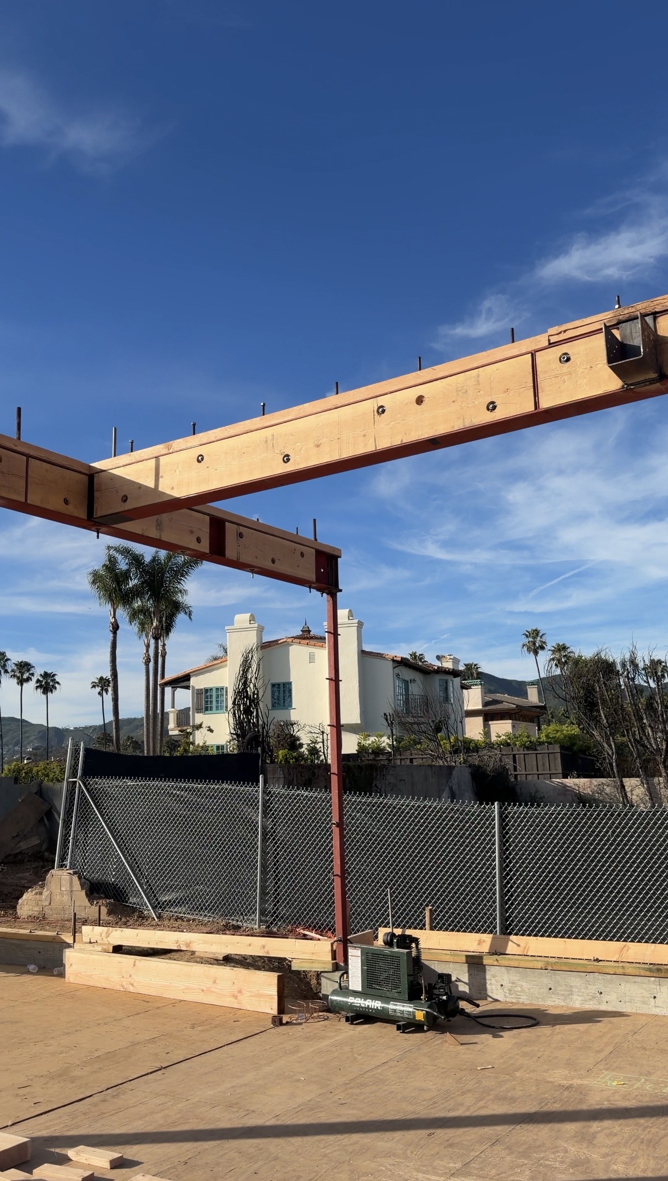 Wood framing and roof structure in progress